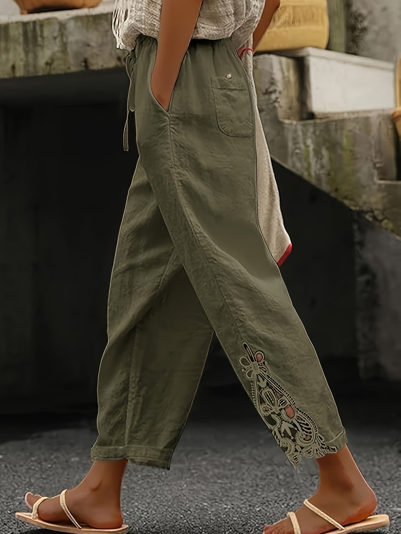 Women'S Casual Fashion Trousers - With Pockets, Waist Drawstring Design, Lace Stitching Design On The Trouser Legs, Suitable For Daily Commuting, Casual Outings, Vacation Travel, Spring, Summer And Autumn Trousers