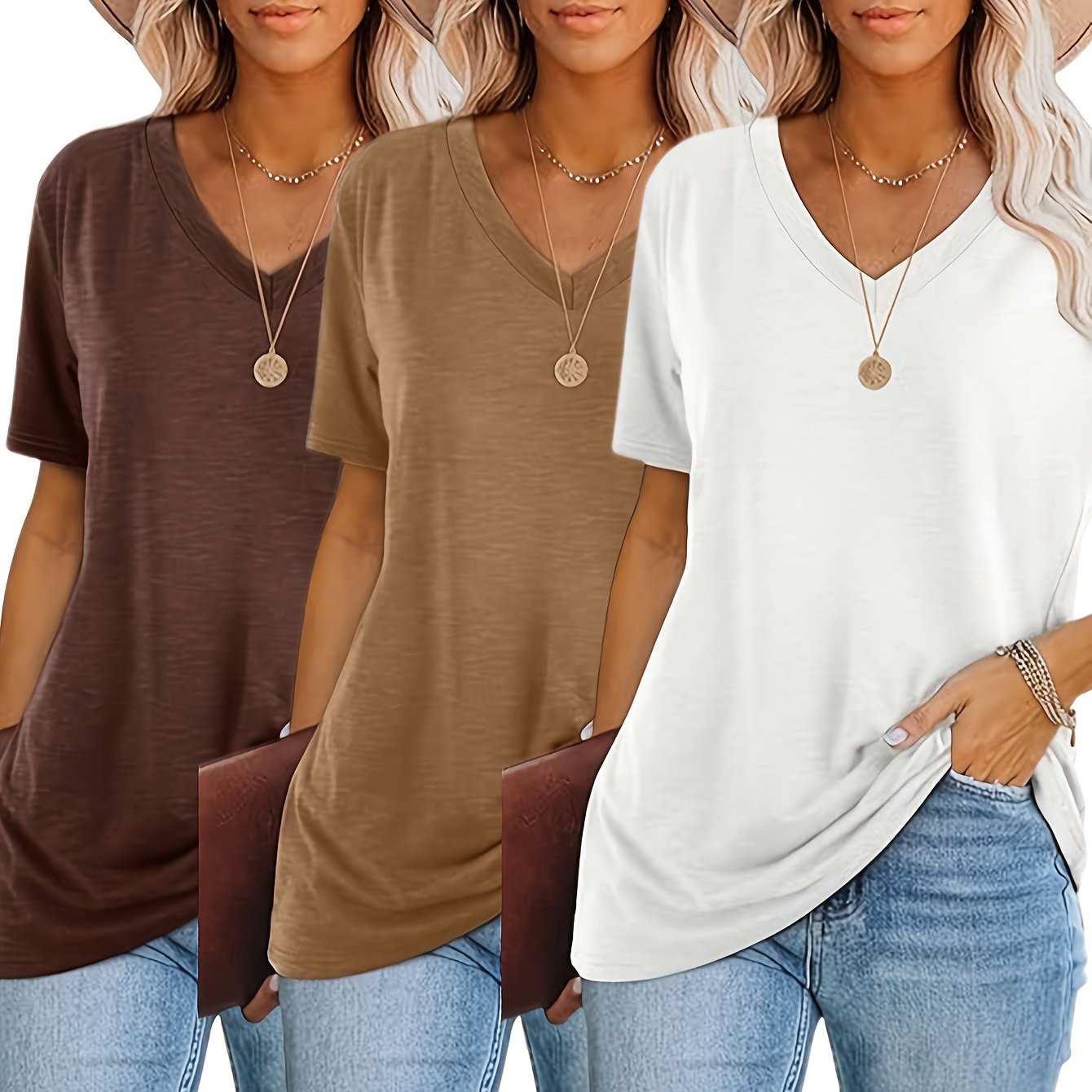 [Fashion T-Shirt] Three-Piece V-Neck Short Sleeve T-Shirt Set | 2025 European and American Fashion Casual Loose Women's