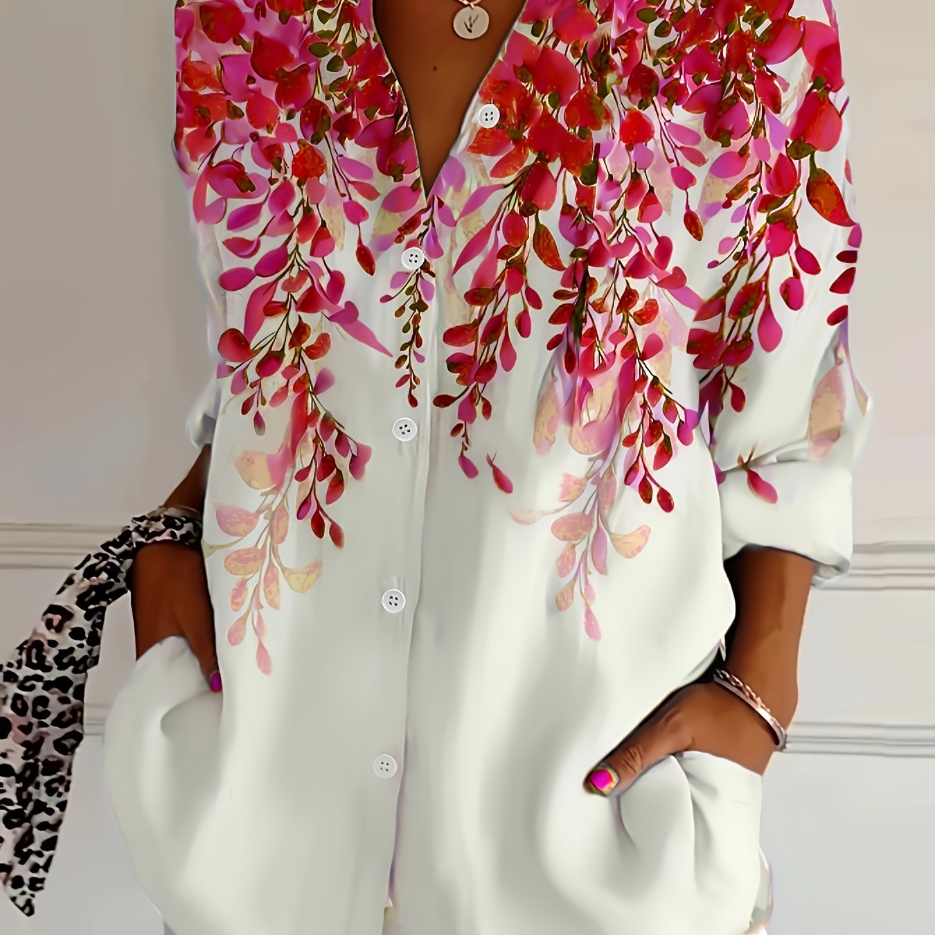 [Elegant Floral Blouse] Elegant Women's Gradient Floral Print Long Sleeve Shirt | Classic Collar Blouse with Pink to Red Botanical Design, Machine Washable Non-See-Through Fabric for All-Season Casual & Formal Wear