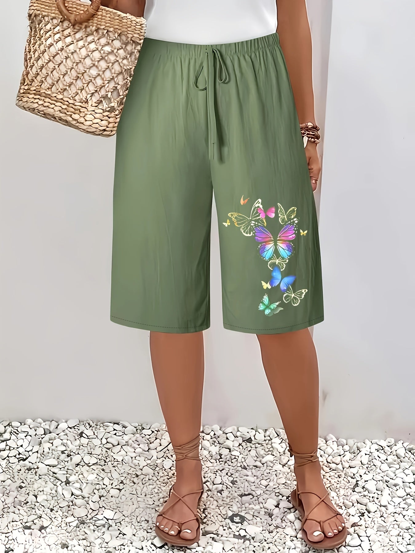 3pcs Women'S High-Waist Summer Shorts - Casual Loose Fit, Non-Stretch Fabric with Print Pattern, Fake Drawstring Detail, Ideal for Spring/Summer/Fall