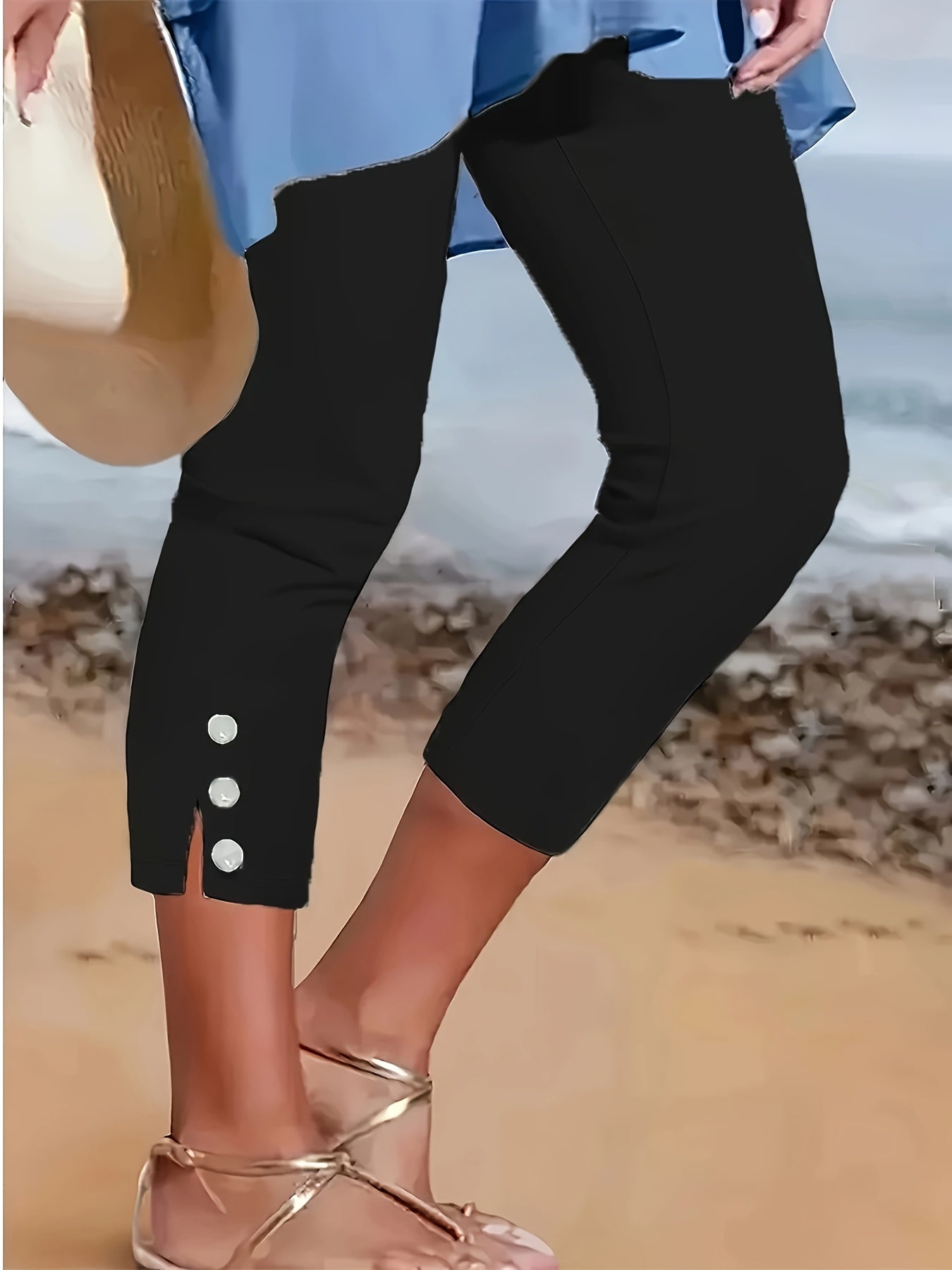 3pcs Set Of Women's High Waisted Capri Leggings - High Stretch Fake Button Details, 3 Solid Colors (black, Navy Blue, Red), Machine Washable for Casual Outdoor Wear In Spring, Summer, Autumn, High Waisted Leggings, Seasonal F