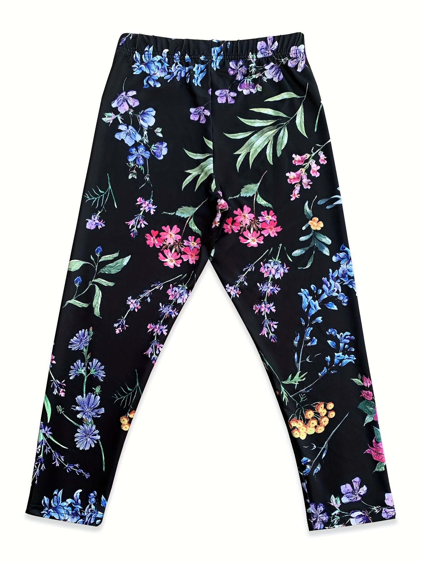 Women's High-Elasticity Floral Print Yoga Leggings - Vibrant Pink, Blue & Green Floral Design on Black Background, Machine Washable, Perfect for Fitness, Pilates, Dance & Casual Wear, Yoga Pants