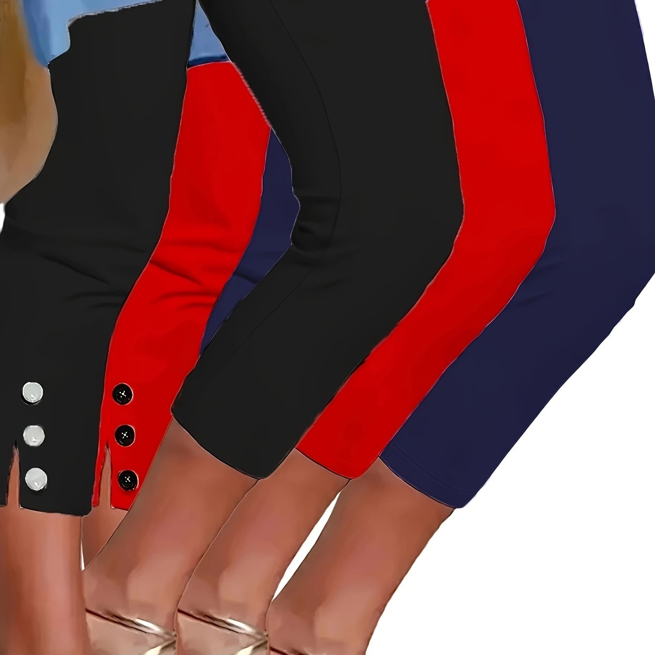 3pcs Set Of Women's High Waisted Capri Leggings - High Stretch Fake Button Details, 3 Solid Colors (black, Navy Blue, Red), Machine Washable for Casual Outdoor Wear In Spring, Summer, Autumn, High Waisted Leggings, Seasonal F