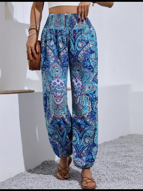 [Vibrant Print] Women's Elegant Paisley Print Harem Pants | High-Waisted, Loose Fit | Polyester Blend | Machine Washable | Casual Wear | All-Season | Elegant