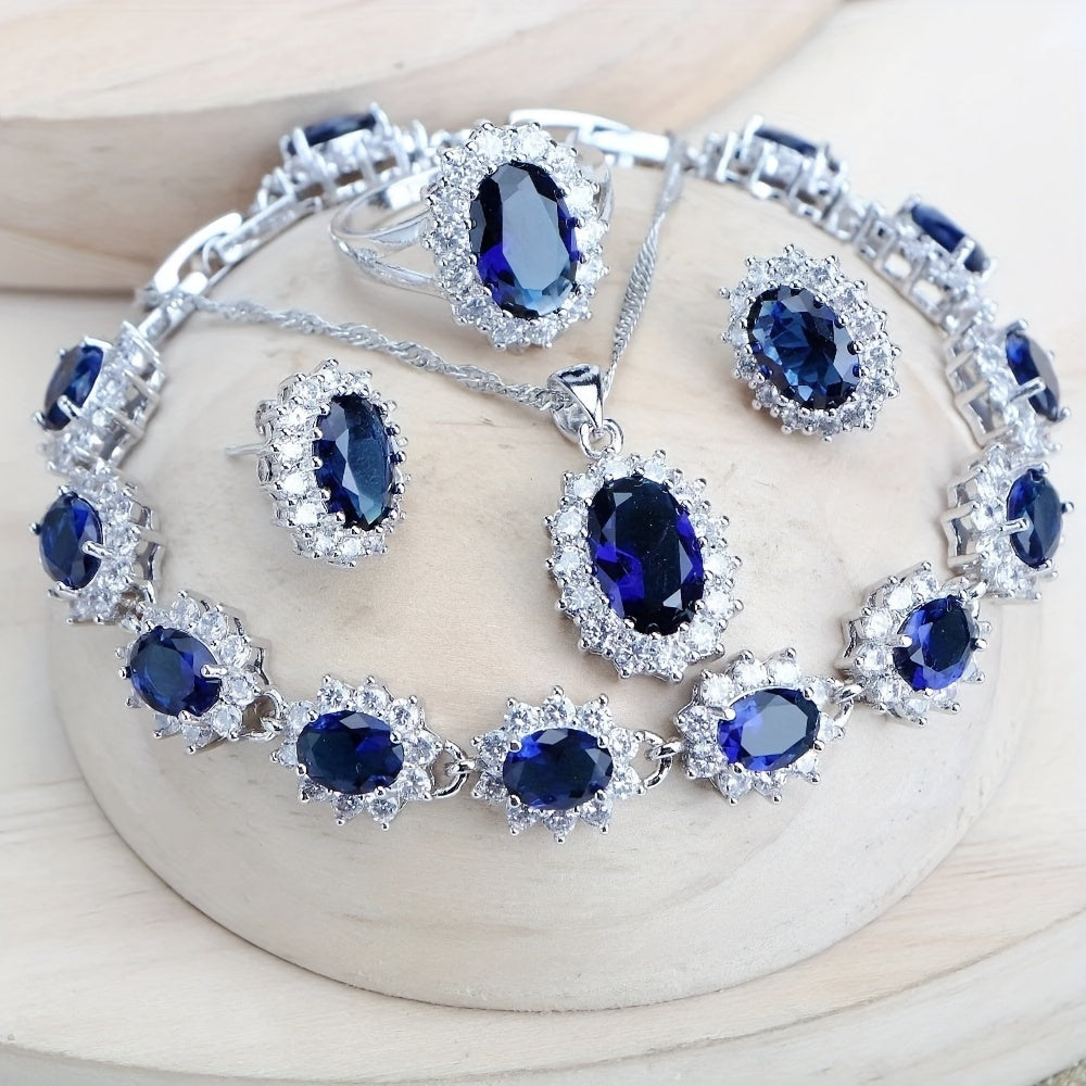 5pcs/ set Blue Copper Inlaid Synthetic Zirconia Women's Earrings + Adjustable Open Ring + Necklace + Bracelet Wedding Jewelry Set, Classic and Elegant Valentine's Day and Mother's Day Gift