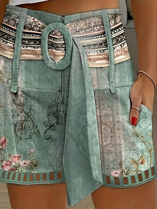 Women'S Vintage-Inspired Lace Trim Shorts with Colorful Floral Print and Decorative Buckle - Ethnic Pattern, All-Season Wear