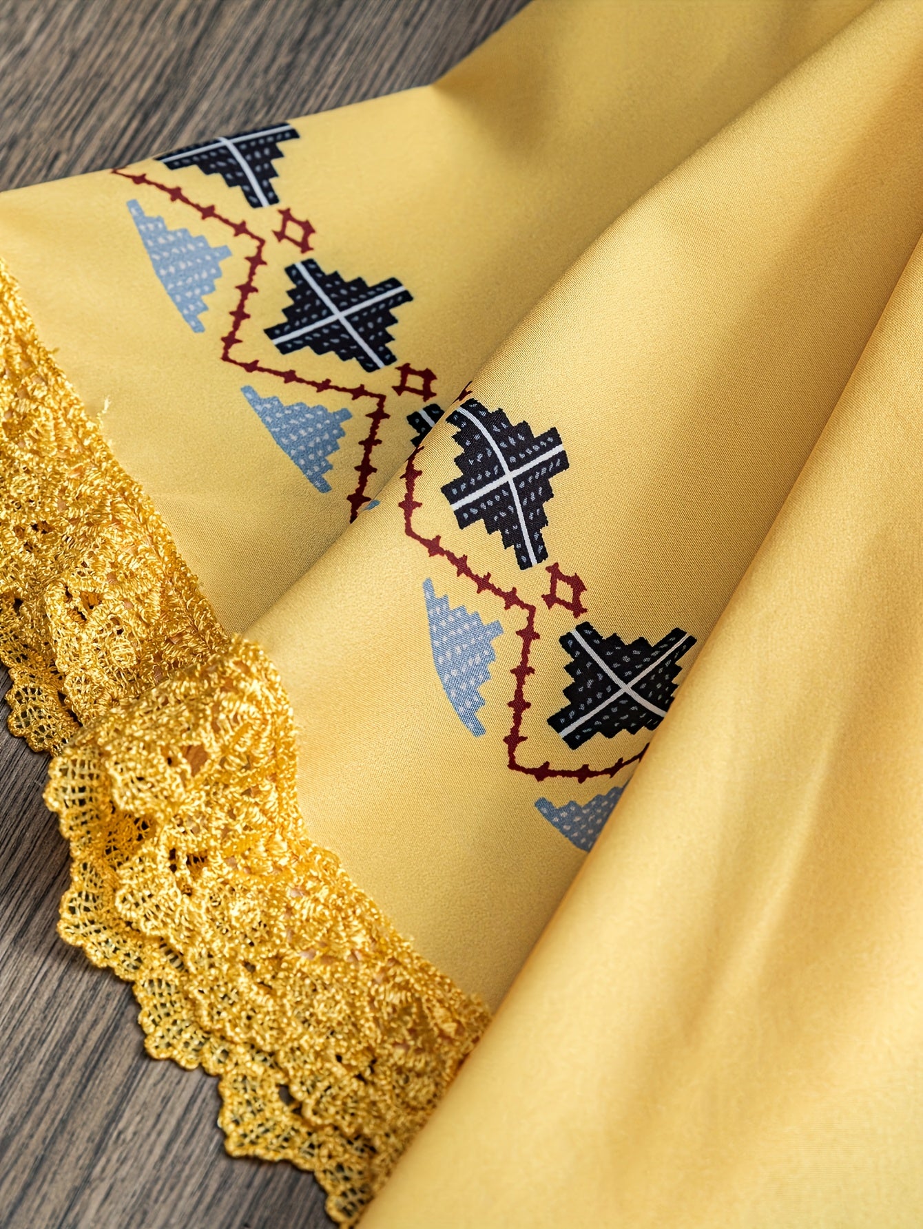 [Bohemian Blouse] Elegant Bohemian Women's V-Neck Blouse with Geometric Lace Trim | Golden Yellow & Black Contrast, Short Sleeves, Flowy Design for Spring/Summer/Fall