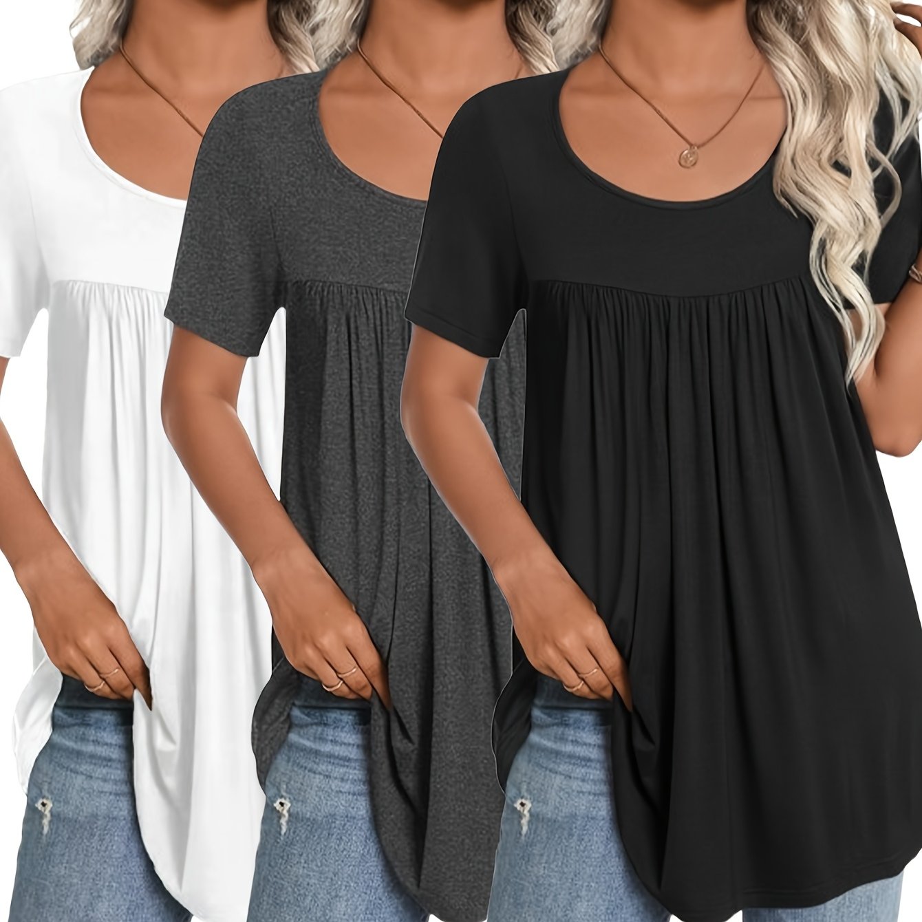 [Summer T-Shirts] 3pcs Comfortable Women's Summer Casual T-Shirts | Crew Neck, Short Sleeve, Solid Color (White, Light Gray, Black) - Machine Washable