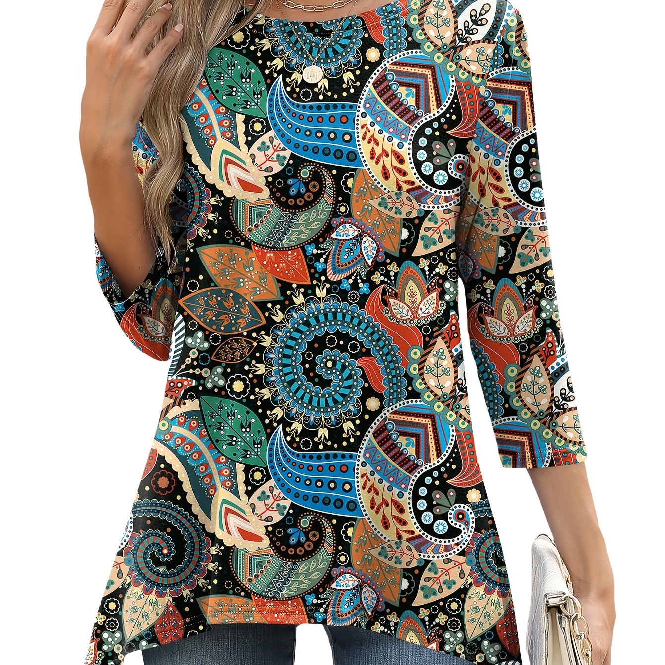 [Bohemian Style Top] Bohemian Style Women's Geometric Print 3/4 Sleeve Top | Casual Round Neck, Contrast Color Design, Lightweight & Breathable for Spring/Summer, Glossy Texture