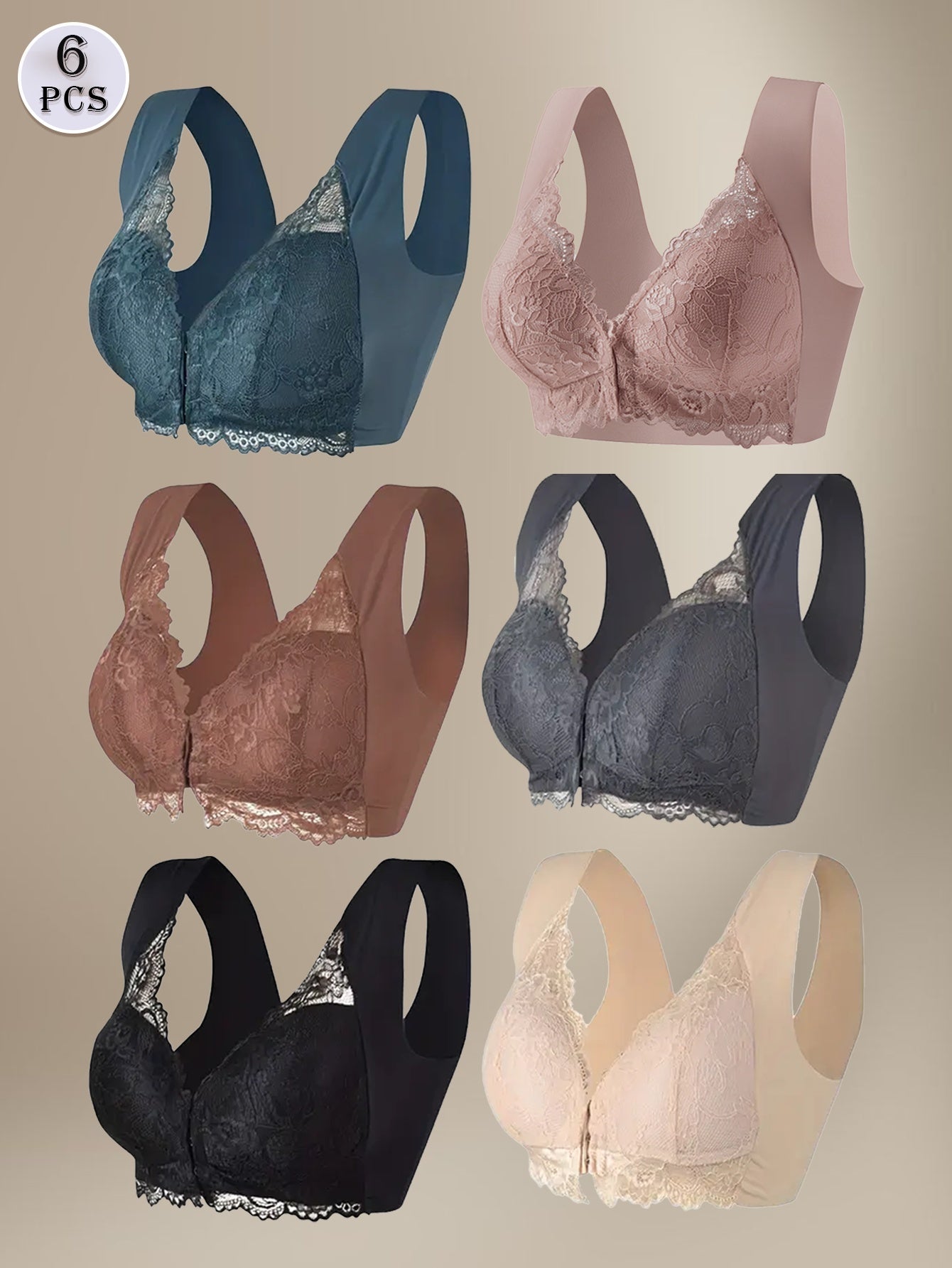 6pcs Women's Front-Closure Wireless Push-Up Bras, Floral Lace Bralette with Wide Comfort Straps & Back Smoothing, Seamless Breathable Fixed Cups for Daily Wear, Lifting Support Comfortable Lounge Underwear Set