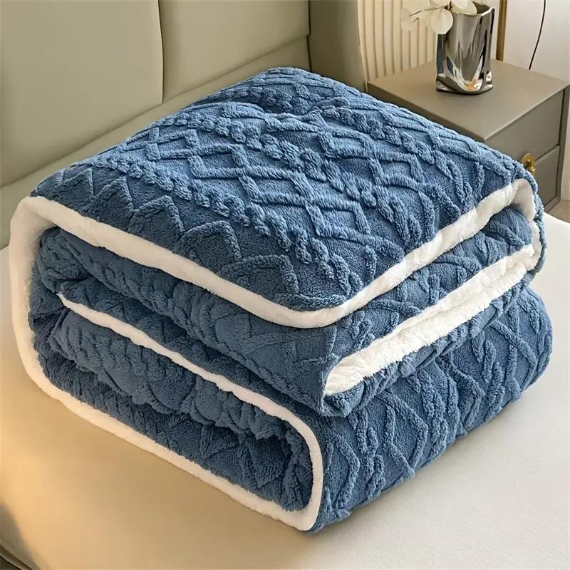 1pc Double-Sided Plush Fleece & Sheepskin Comforter - Warm, Soft, Skin-Friendly Winter Bedding with Geometric Pattern, Dry Clean Only, Deep Blue, Ideal for Cold Weather Coziness