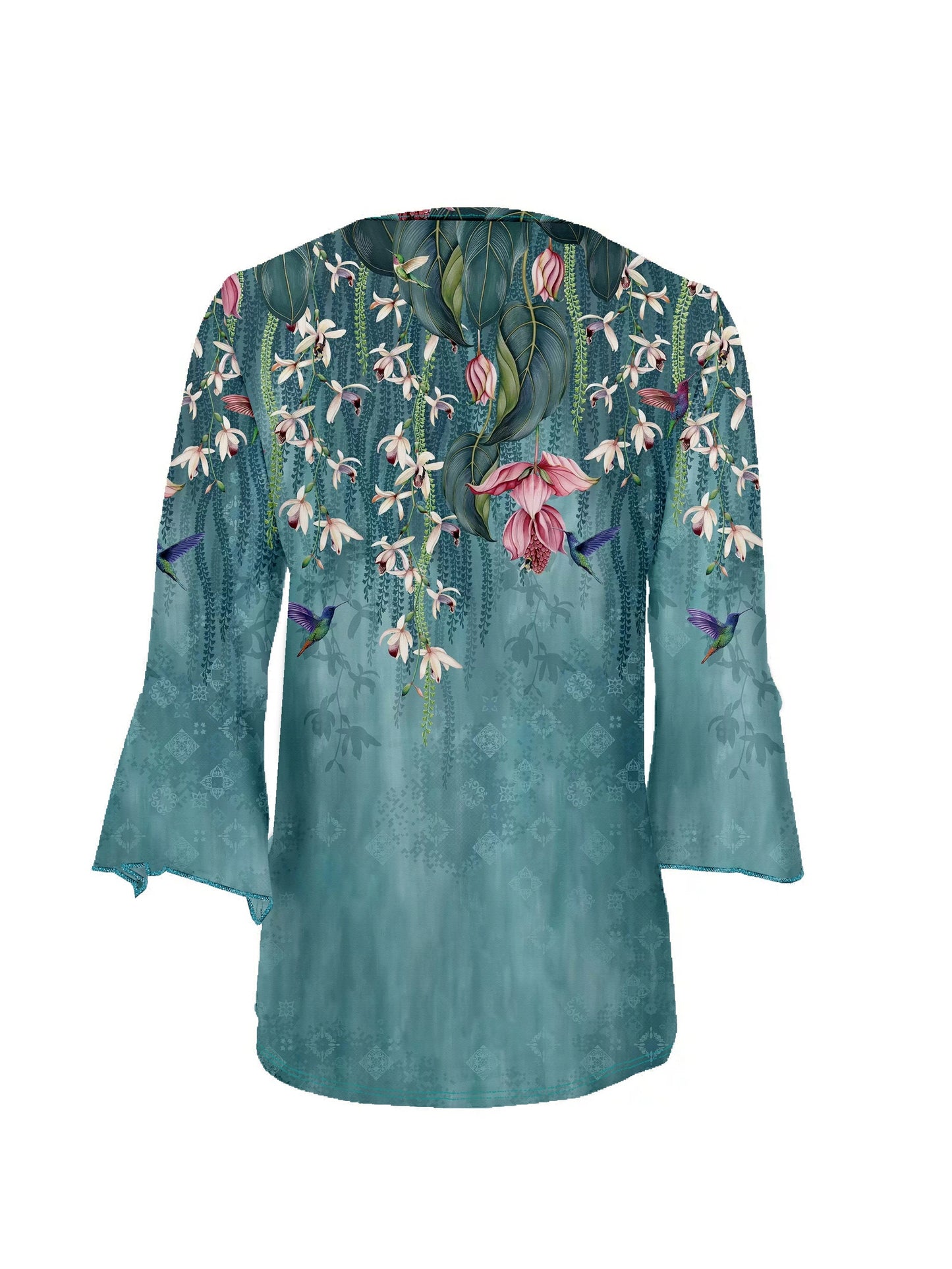 [Vibrant Floral Blouse] Soft Polyester Women's Floral Print V-Neck Blouse | Light Blue Long Sleeve Casual Top with Vibrant Bird & Flower Design for Spring/Summer/Fall