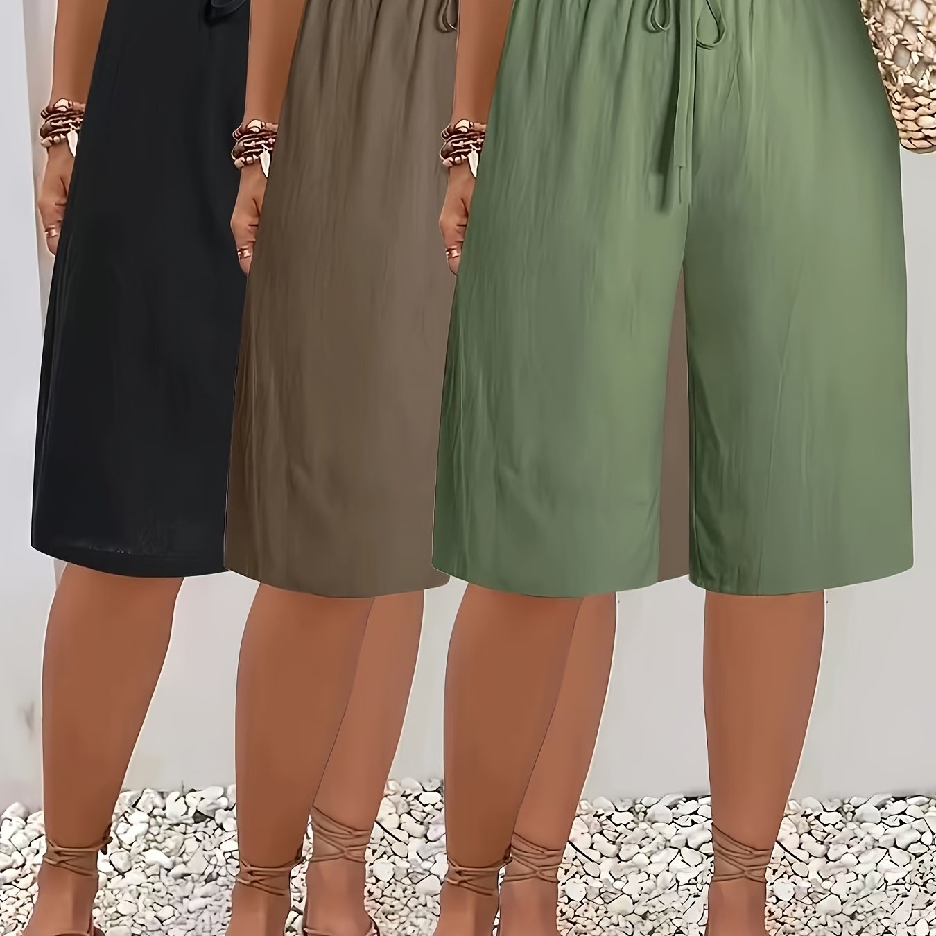 [High-Waisted Shorts] 3pcs High-Waisted Wide-Leg Shorts | Women's Casual Mid-Thigh Length Non-Stretch Fabric, Solid Colors - Machine Washable