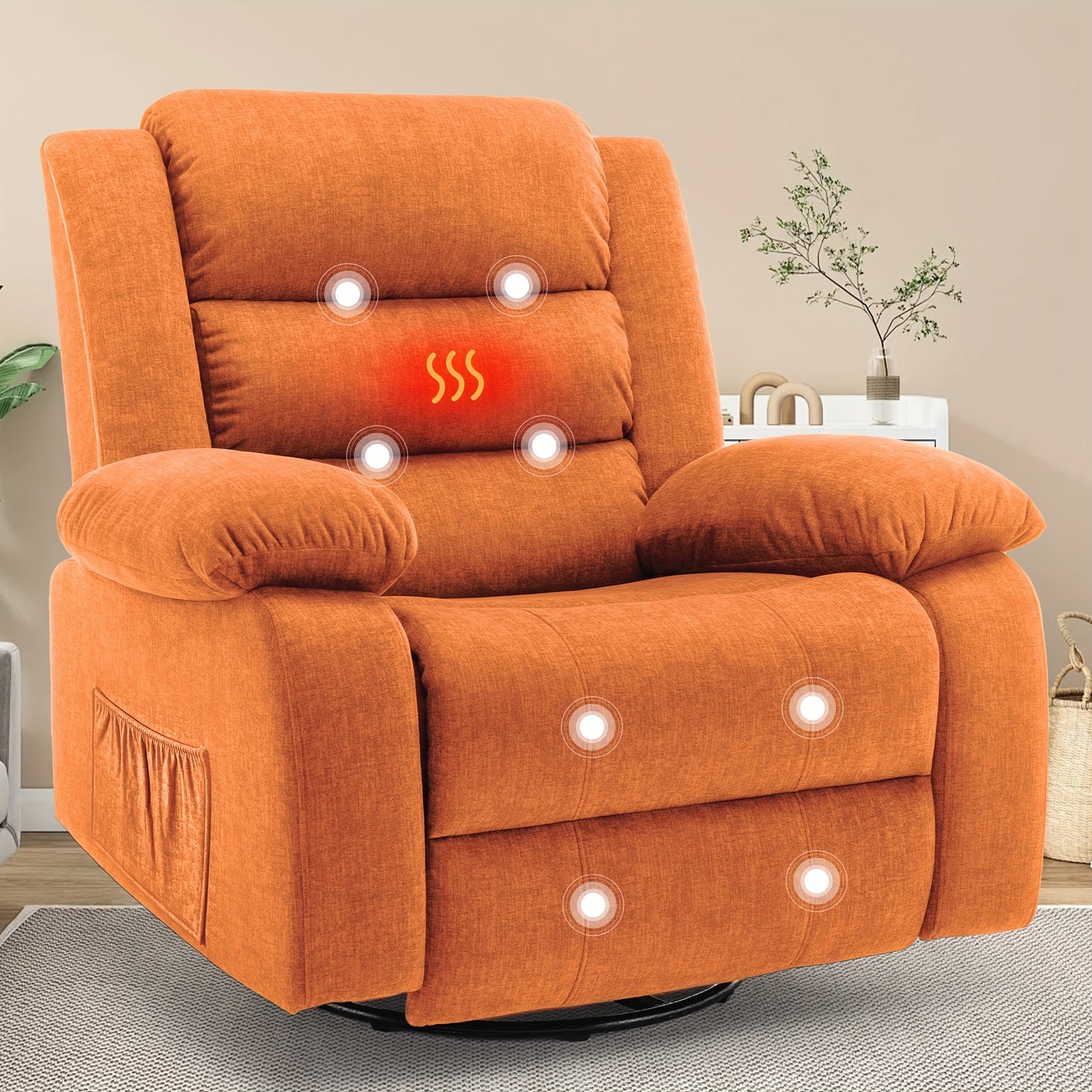 360° Rotating Extra-Large Recliner Chair with Massage & Heating Functions - Manual Adjustable Orange Cashmere Rocking Chair for Adults, Ergonomic Design with Side Pockets, Mother's Day/Father's Day Gift for Living Room, Chai