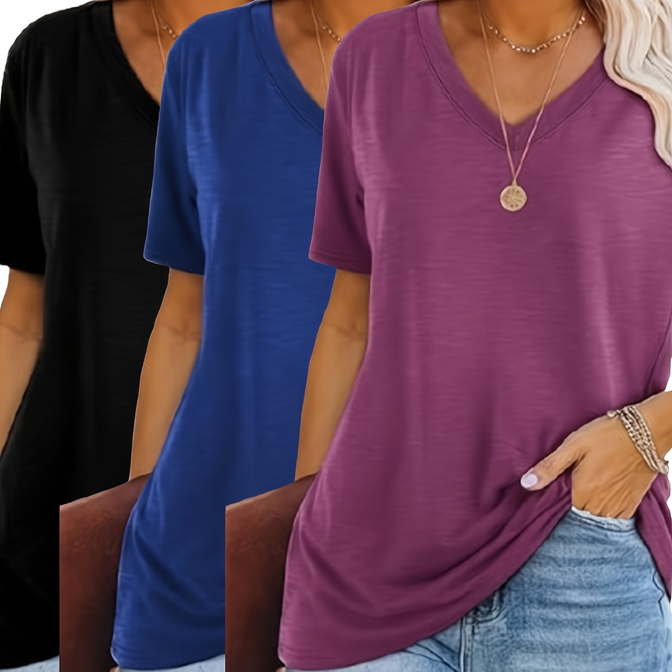 [Fashion T-Shirt] Three-Piece V-Neck Short Sleeve T-Shirt Set | 2025 European and American Fashion Casual Loose Women's