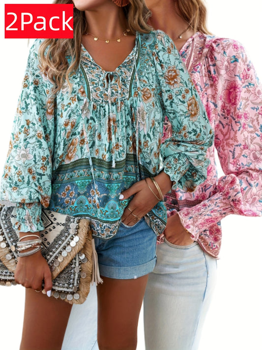 Plus Size - ZAFUL Summer Loose Plus Size Women'S Apparel, Stylish Resort Bohemian Floral Print Top Set, Lightweight Fashion V-Neck Printed Lantern Sleeve Tassel Plus Size Shirt*2