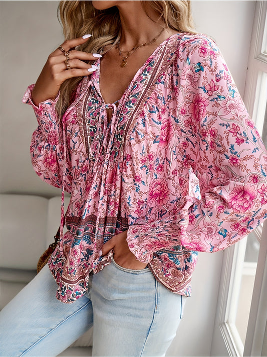 Bohemian Resort Style Printed V-neck Tied Long Sleeve Top Shirt Fashion Commuting.