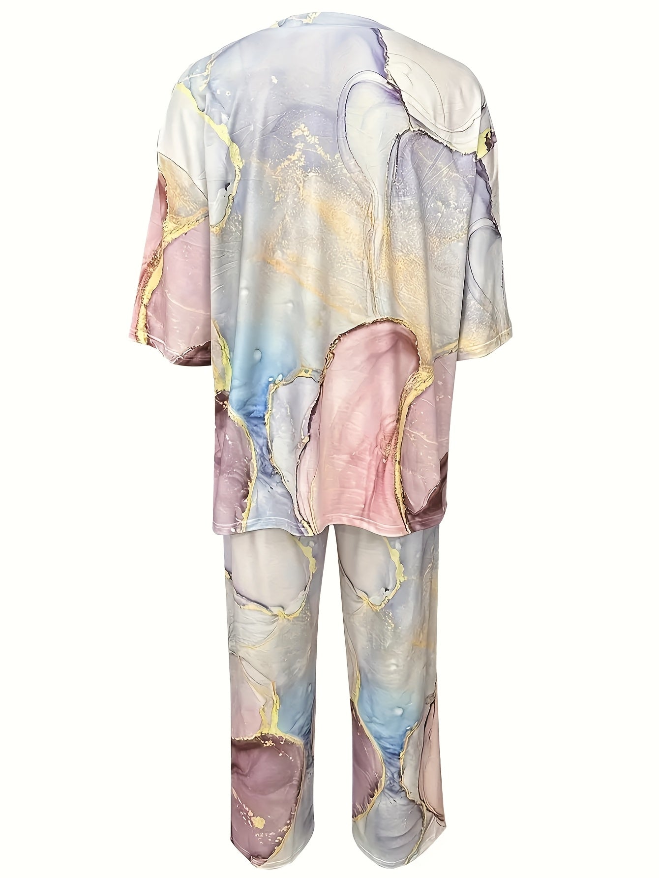 Wavy print round neck short sleeve top paired with straight leg loose pants two-piece set