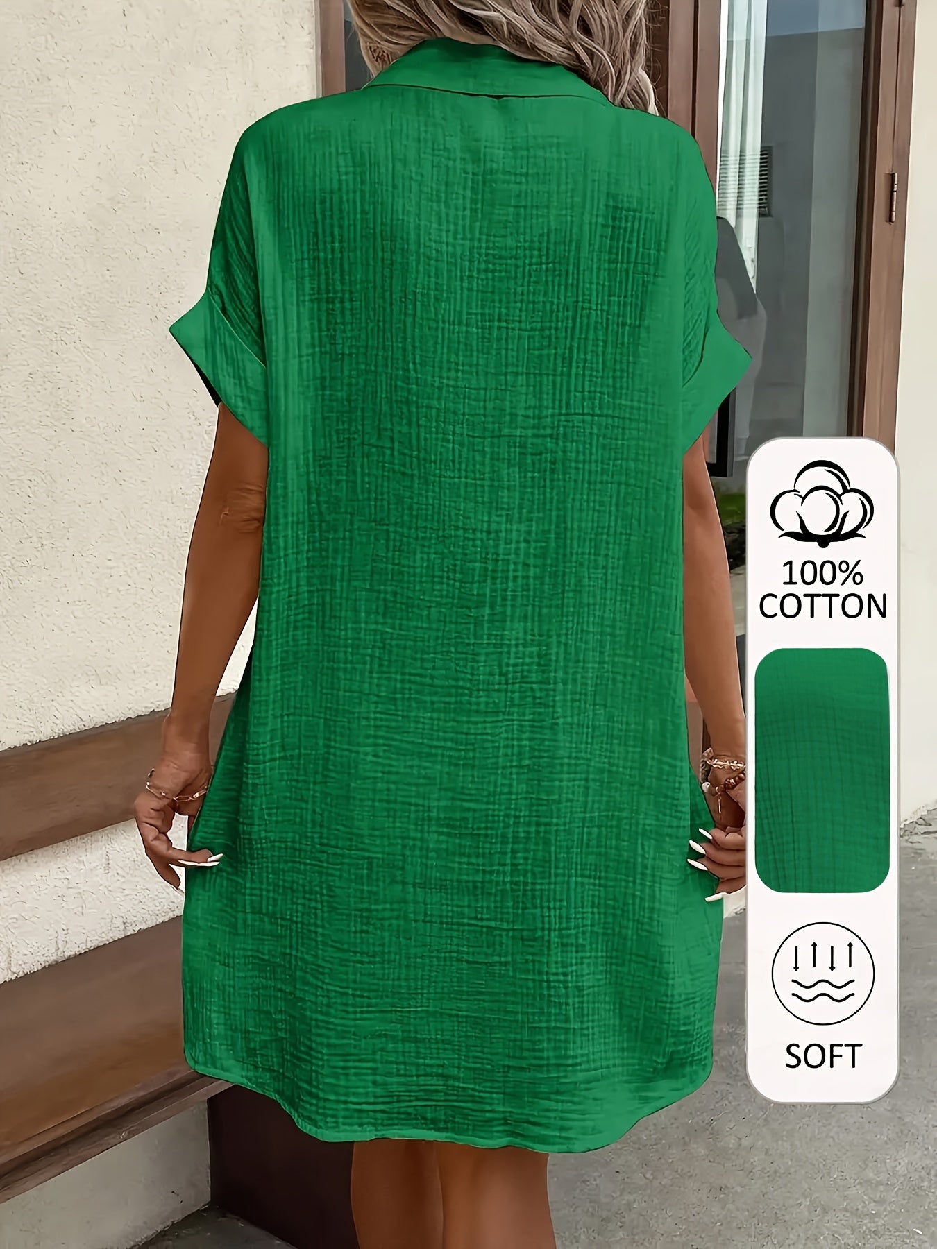 100% V-Neck Blouse Dress for Women - Light Blue Casual Shirt Dress with Button Details, Short Sleeves, and Collar, Machine Washable, All-Season Comfort, Allseason Dress | Vneck Dress | Button Detailing