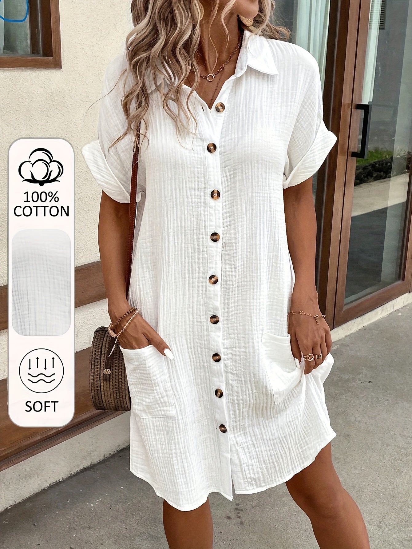 100% V-Neck Blouse Dress for Women - Light Blue Casual Shirt Dress with Button Details, Short Sleeves, and Collar, Machine Washable, All-Season Comfort, Allseason Dress | Vneck Dress | Button Detailing