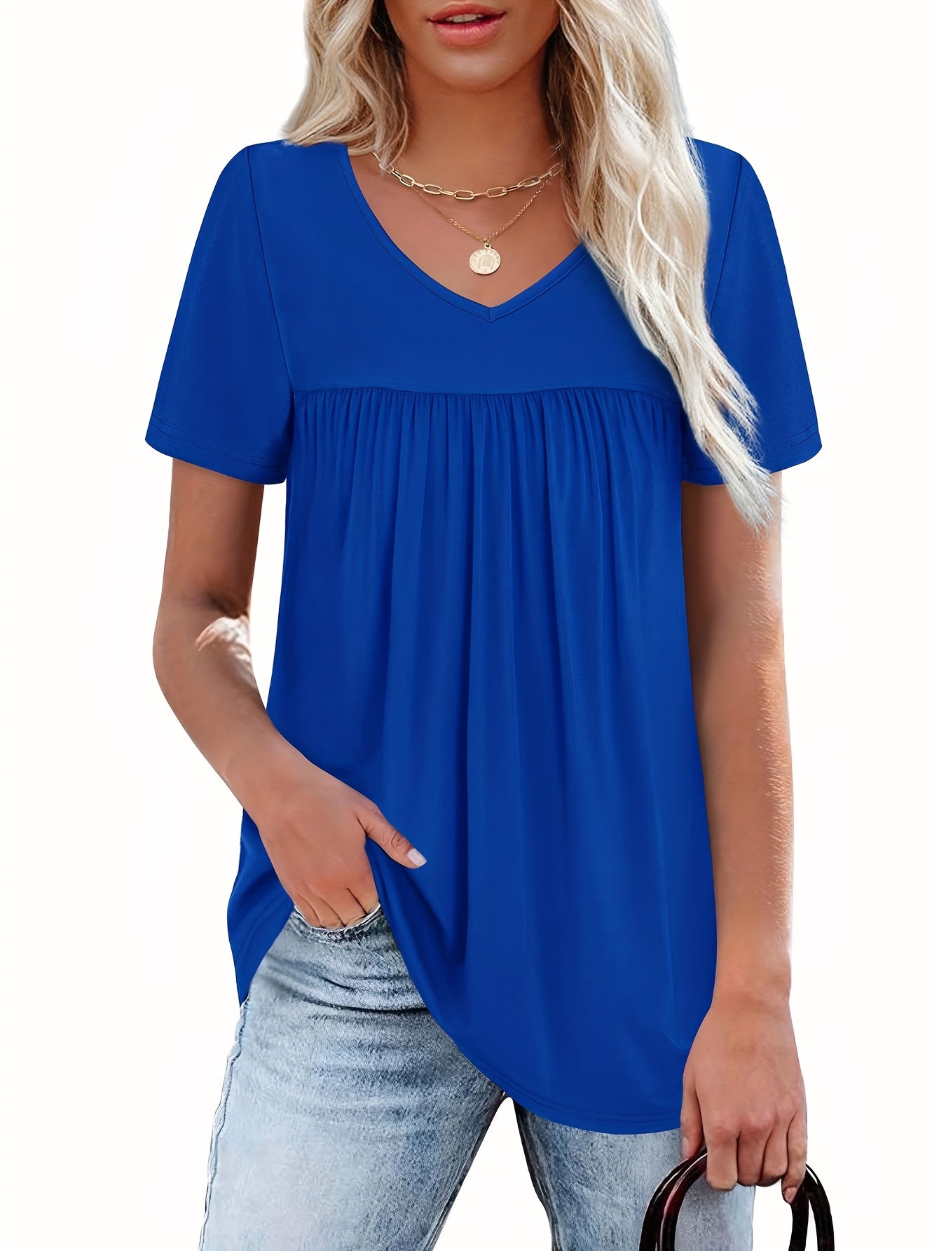 Three-Piece Women's Short Sleeve Pleated Elegant Casual V-Neck Ruffle T-Shirt Set for Spring/Summer