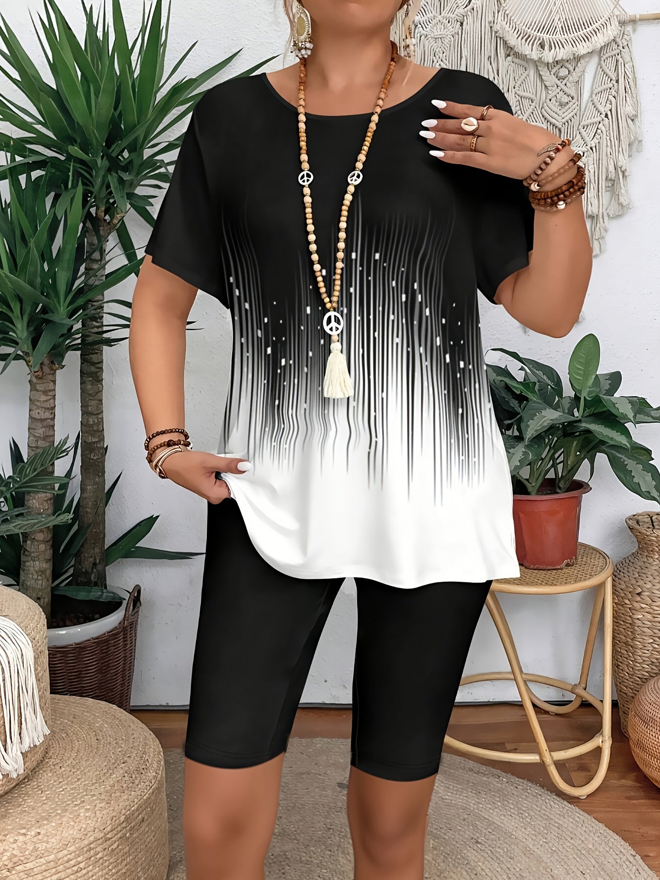 Women's Fashion Casual Breathable Short Sleeve Two-Piece Set, Colorful Striped Print, Five-Quarter Stretch Leggings, Suitable for Daily Commute, Leisure Wear, Travel Vacation, Casual Wear, Daily Outfit, Trendy Fashion, Colorf