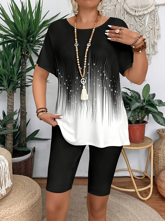 Women's Fashion Casual Breathable Short Sleeve Two-Piece Set, Colorful Striped Print, Five-Quarter Stretch Leggings, Suitable for Daily Commute, Leisure Wear, Travel Vacation, Casual Wear, Daily Outfit, Trendy Fashion, Colorf