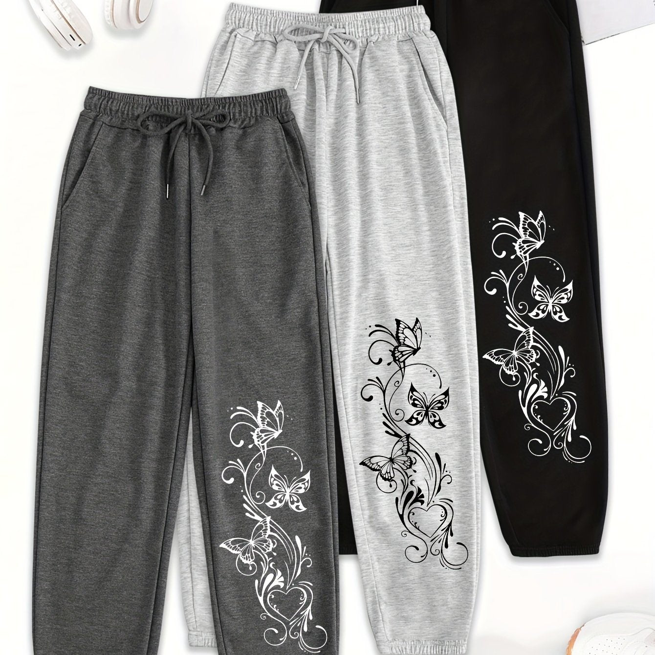 Women's 3-Pack Polyester Drawstring Sweatpants with Pockets - Loose Fit Casual All-Season Knit Joggers with Floral Print Detail