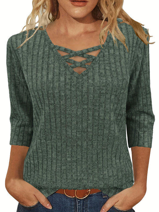 Women'S Casual 3/4 Sleeve V-Neck Top - Lightweight Loose Fit Pullover Shirt with Crisscross Front Detail, All-Season Comfort, Solid Color, Versatile for Casual Attire & Layering, Relaxed Outfit, Stylish Pullover, Quality Stit