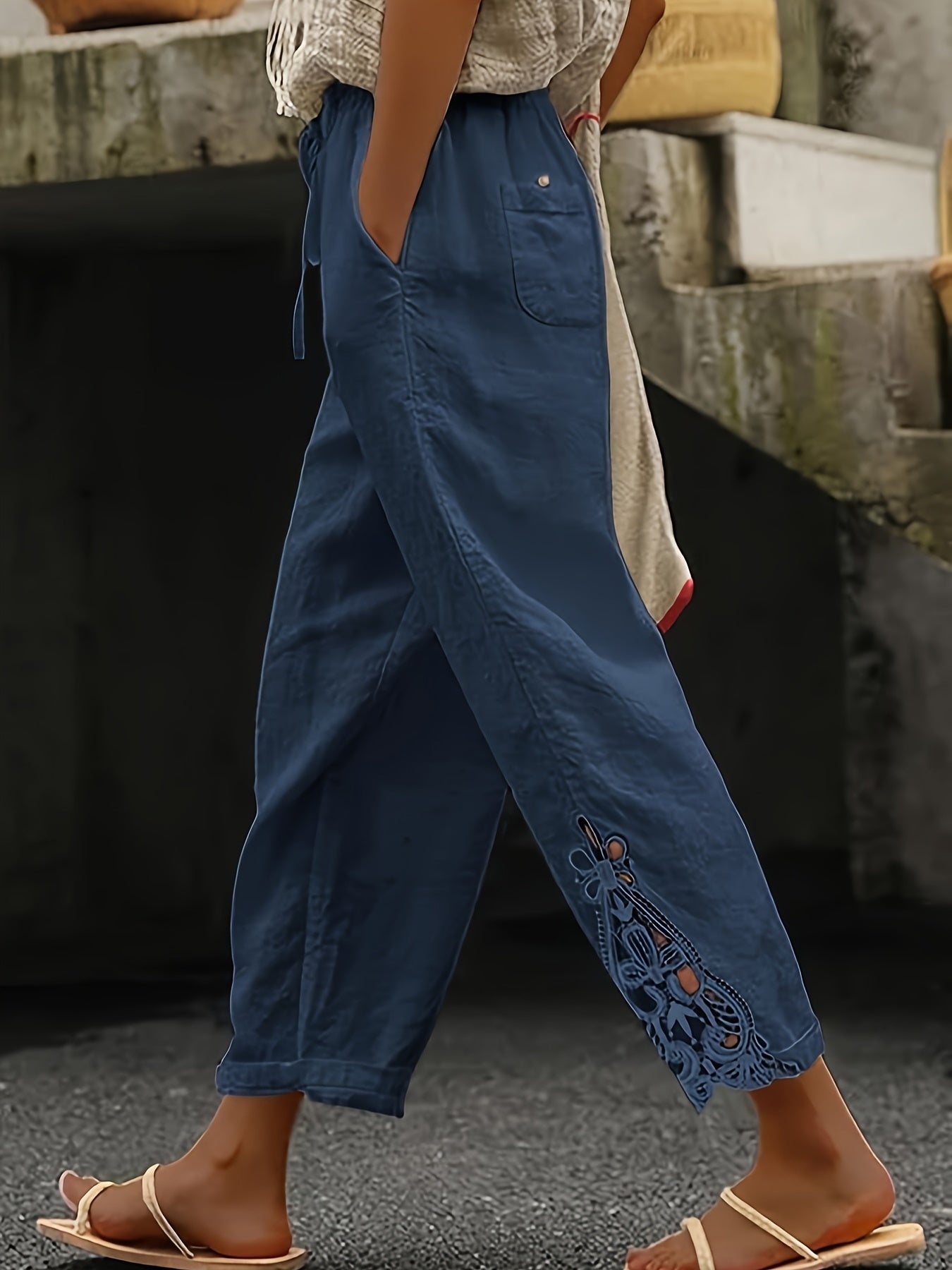 Women'S Casual Fashion Trousers - With Pockets, Waist Drawstring Design, Lace Stitching Design On The Trouser Legs, Suitable For Daily Commuting, Casual Outings, Vacation Travel, Spring, Summer And Autumn Trousers