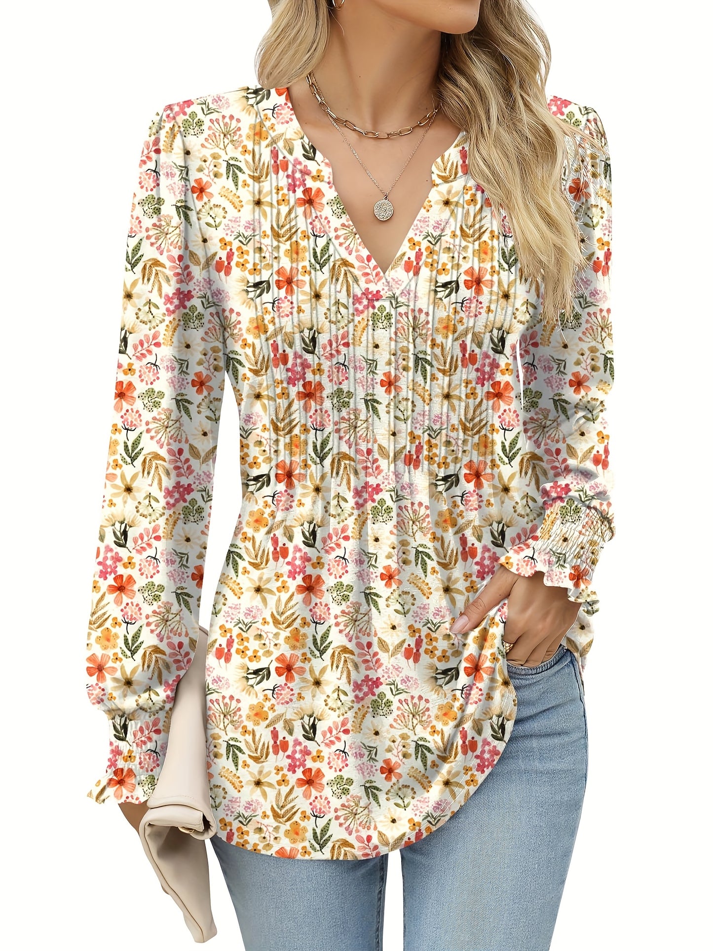 Women's Casual Floral Print Long Sleeve Top Pleated Waist Fashion Versatile Loose Pleated T-Shirt
