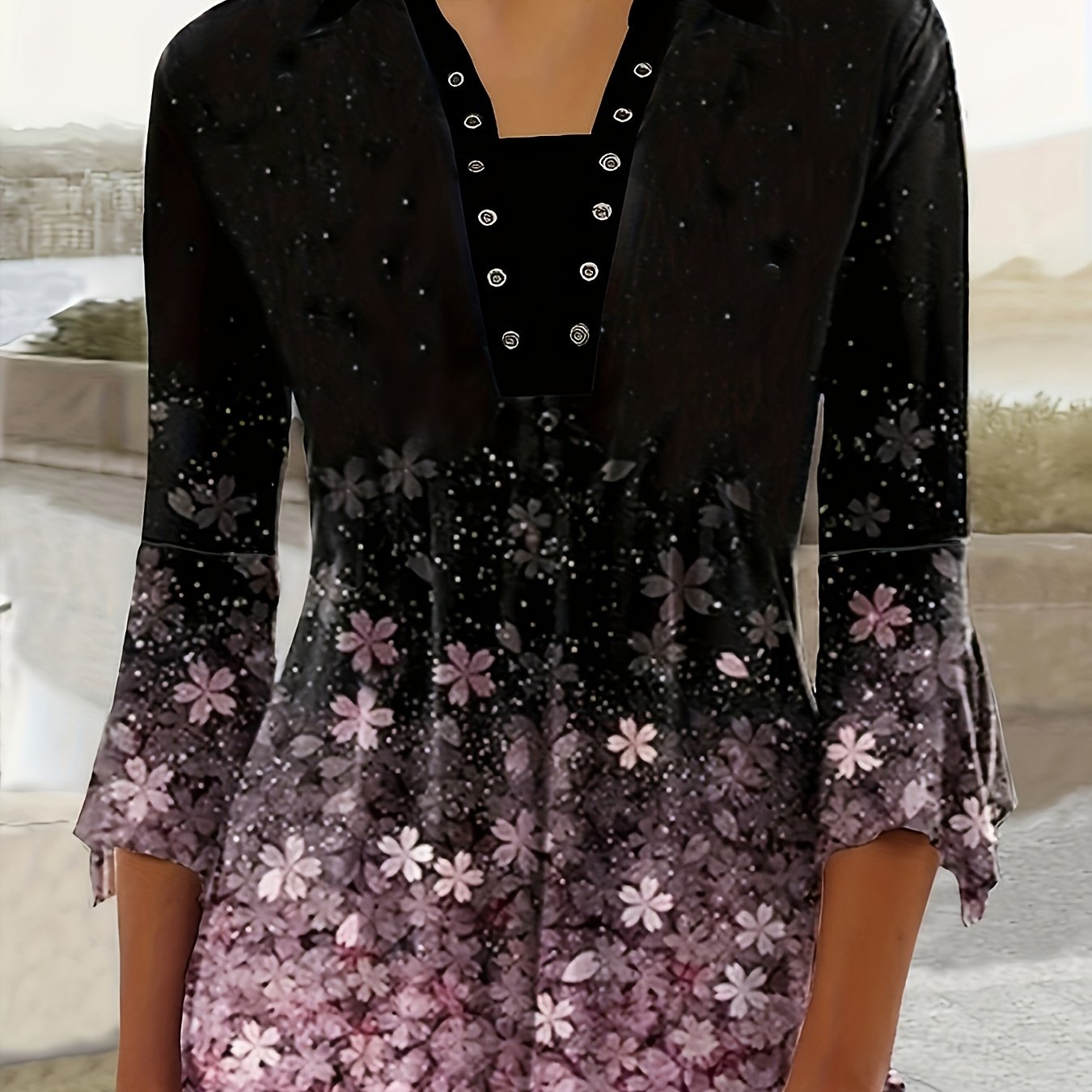 Spring And Autumn New Women Printed Lapel Three-quarter Sleeve T-shirt Irregular Sleeve Button-up Top