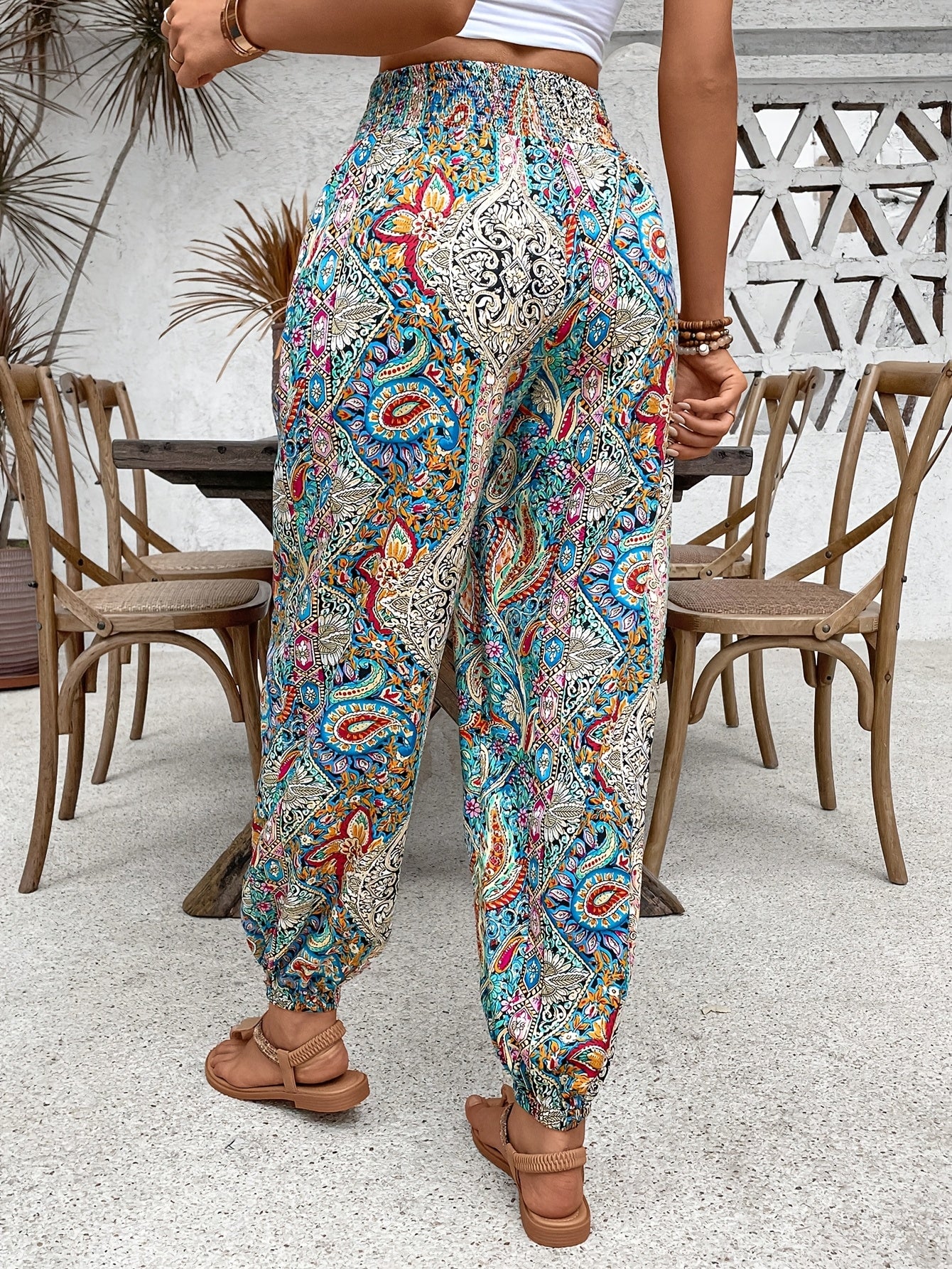[Vibrant Print] Women's Elegant Paisley Print Harem Pants | High-Waisted, Loose Fit | Polyester Blend | Machine Washable | Casual Wear | All-Season | Elegant