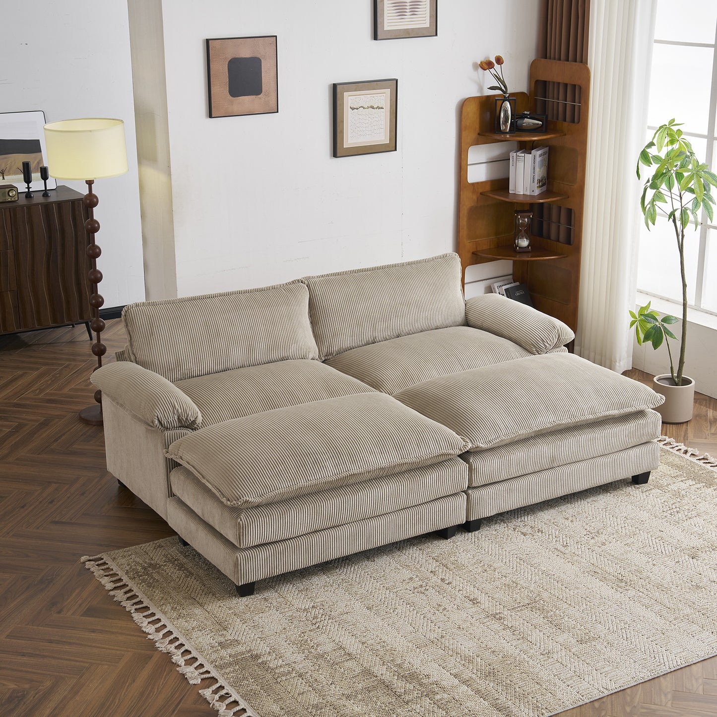 [Modern Cloud Sofa] MOTOOS 90.16 Inch Modern Corduroy Combination Cloud Sofa with Two Footstools, Double Layer Soft Cushion Double Sofa, Comfortable Sofa Bed, 2 Pillows and Removable Armrests