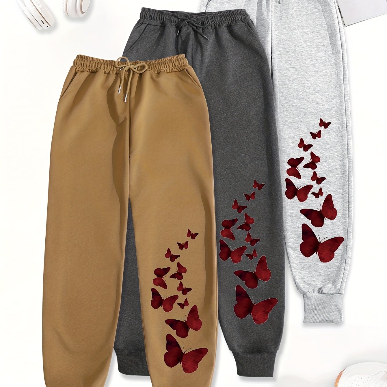 3pcs Women'S Casual Joggers with Butterfly Print - Elastic Waist, Loose Fit, Drawstring, Pockets, All-Season Comfort, Beige, Gray, Black, Jogging Pants