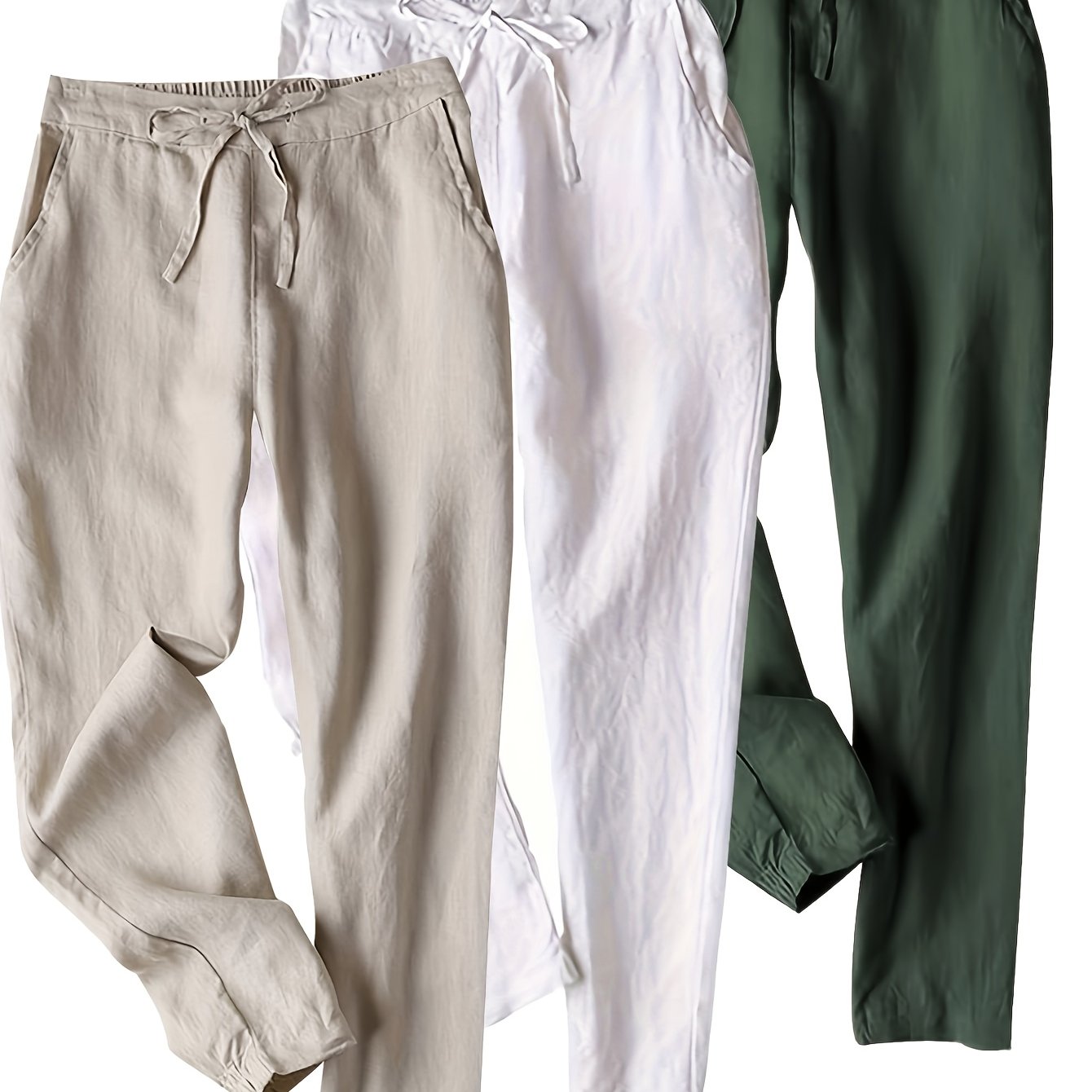 3pcs Linen Pants Women'S Summer Casual High Waist Drawstring White Beach Pants