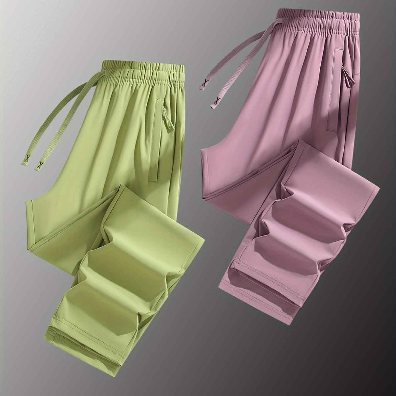 Two Pairs Of Summer Women's Long Pants, Solid-color Pants for Women, Elastic Drawstrings At The Waist, Hidden Zipper Pockets, Straight-leg Pants with Nylon And Spandex Medium-elastic Fabric, Ice Silky Quick-drying Pants, Wome