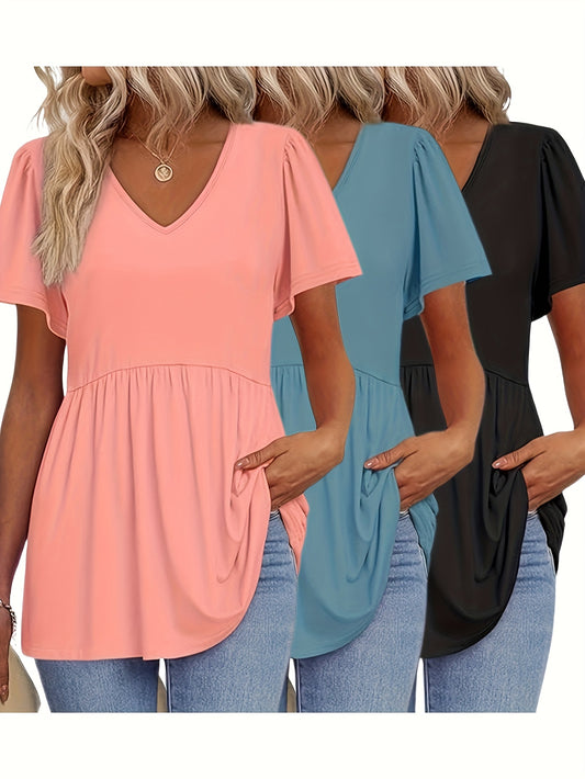 [Summer T-Shirts] 3pcs Lightweight Women's Summer V-Neck T-Shirts | Casual Short Sleeve Ruffle Hem Tee, Solid Color Polyester Blend Fabric for Daily & Party Wear