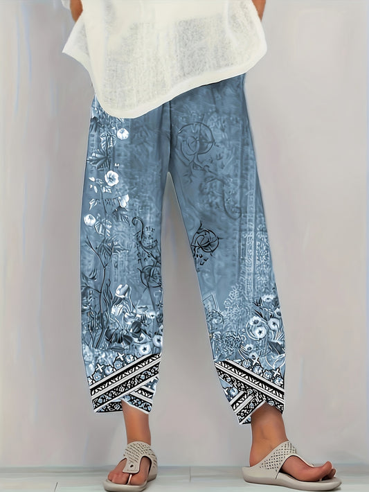 [Floral Print Palazzo Pants] Plus Size Floral Print Palazzo Pants | High Waist Wide Leg Cropped Pants, Soft Polyester Casual Summer Pants for Women, Lightweight & Breathable, Perfect for Casual Attire, Allseason Pants