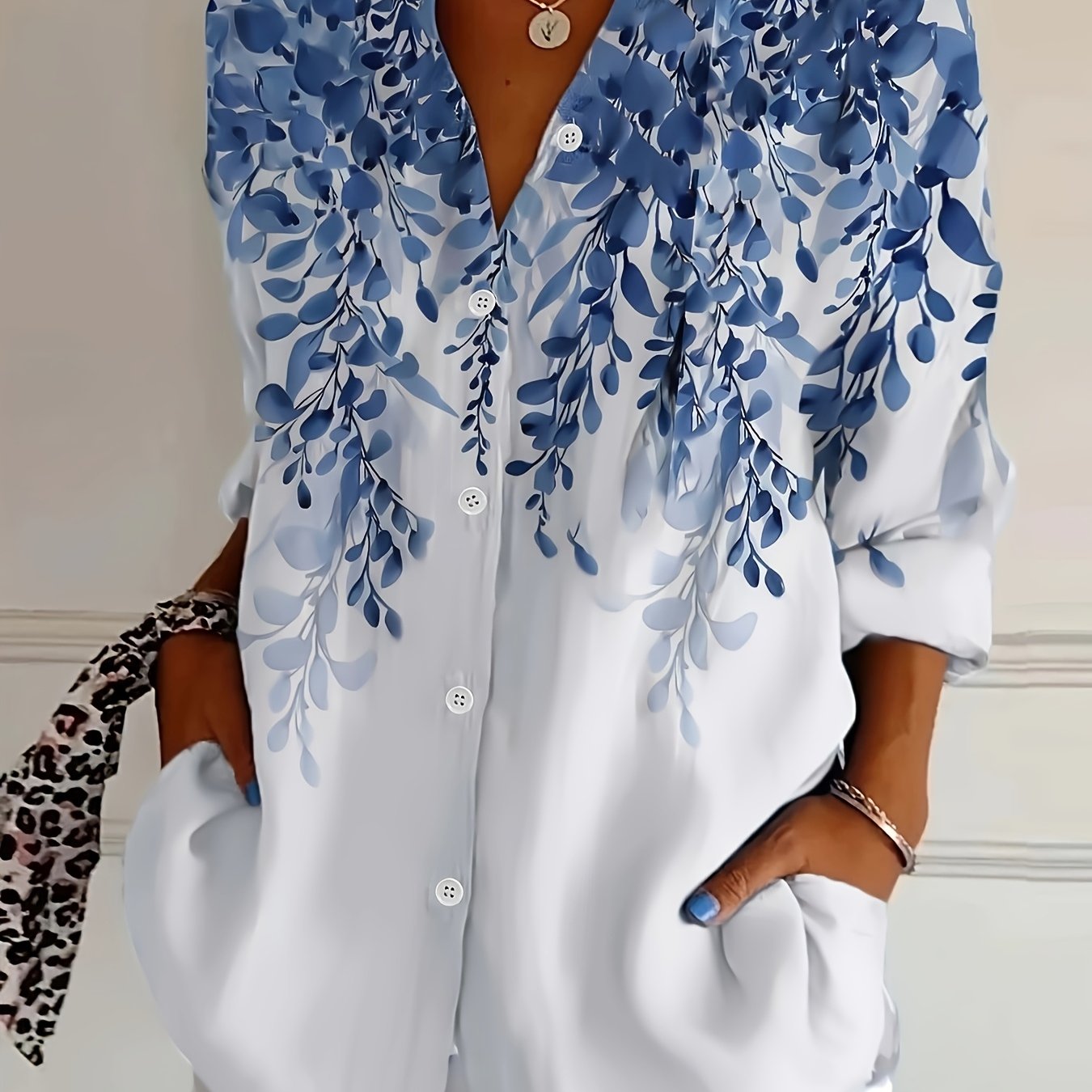 [Elegant Floral Blouse] Elegant Women's Gradient Floral Print Long Sleeve Shirt | Classic Collar Blouse with Pink to Red Botanical Design, Machine Washable Non-See-Through Fabric for All-Season Casual & Formal Wear