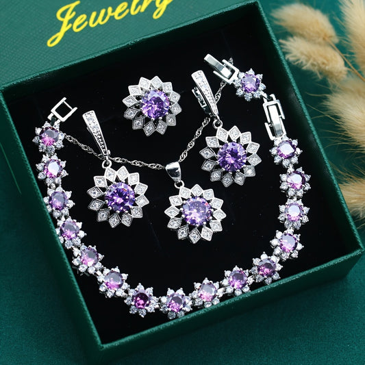 5pcs Vintage Style Christmas Jewelry Set - Purple Cubic Zirconia, Golden Plated Copper, Flower Design, Includes Earrings, Open Ring, Necklace, Pendant, Bracelet, Gift Box - Party & Gift Occasion Jewelry for Women