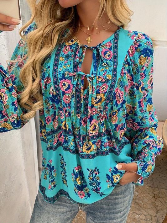 ZAFUL Women's Bohemian Floral Print Shirt - Loose V-Neck Lace-Up Long Sleeve Top with Adjustable Drawstring Cuffs, Lightweight Machine-Washable Fabric for Spring Summer Fall, Casual Vacation & Casual Attire, Cute Long Sleeve