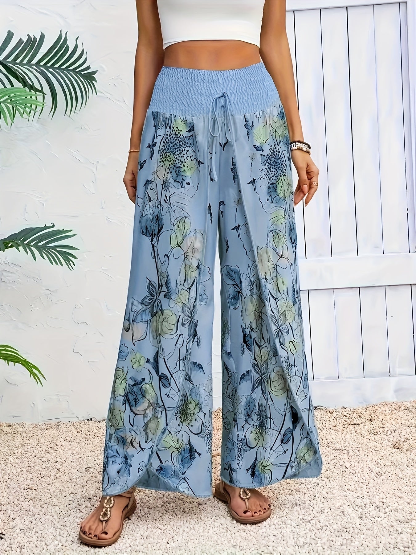 [Elegant Pants] Elegant Floral Wide-Leg Pants | Women's Casual Beach Vacation Attire, Loose Fit, Non-Stretch Polyester, Machine Washable, Floral Print