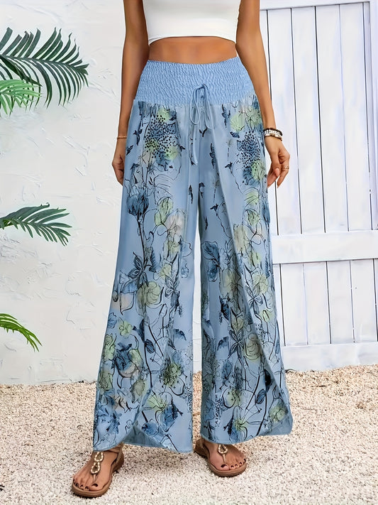 [Elegant Pants] Elegant Floral Wide-Leg Pants | Women's Casual Beach Vacation Attire, Loose Fit, Non-Stretch Polyester, Machine Washable, Floral Print