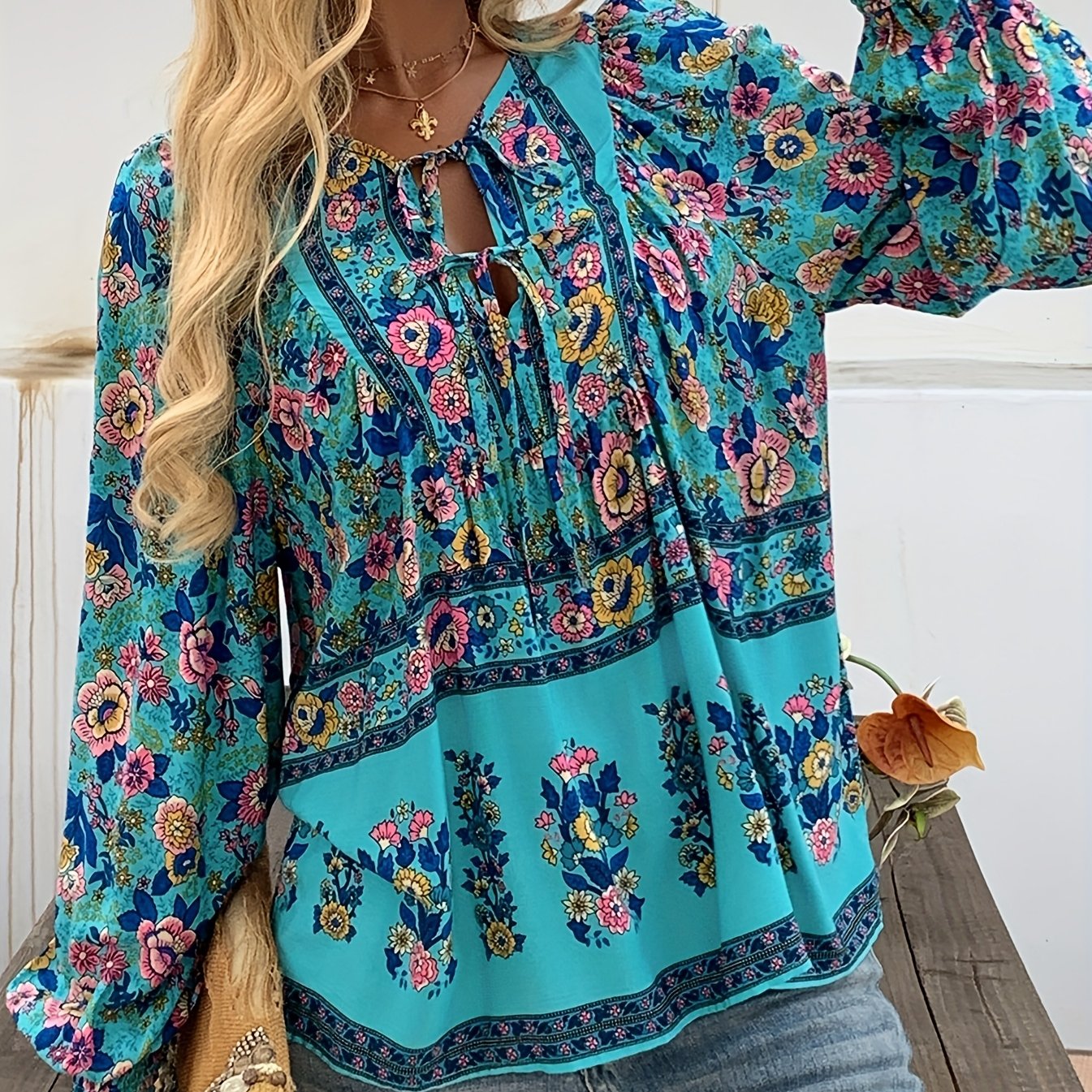 ZAFUL Women's Bohemian Floral Print Shirt - Loose V-Neck Lace-Up Long Sleeve Top with Adjustable Drawstring Cuffs, Lightweight Machine-Washable Fabric for Spring Summer Fall, Casual Vacation & Casual Attire, Cute Long Sleeve