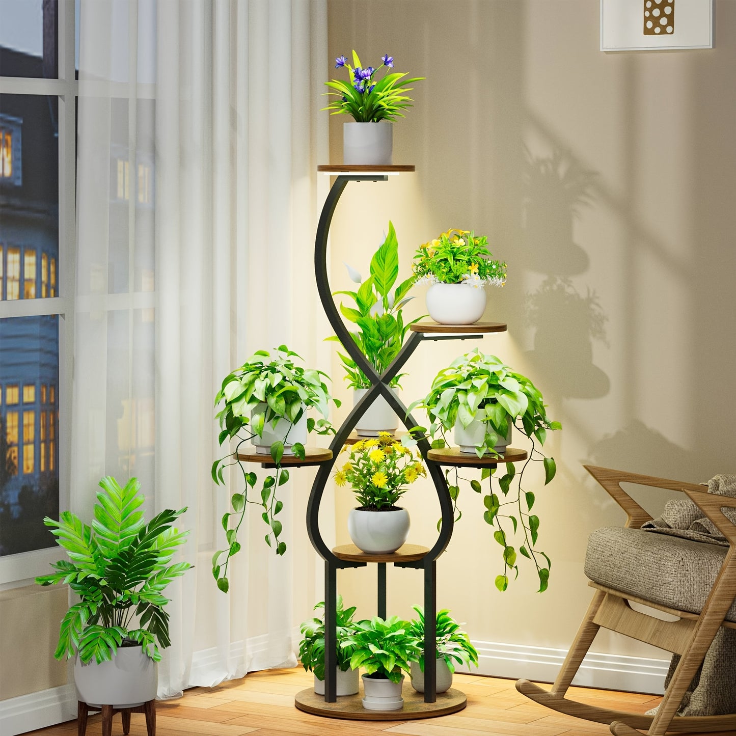 Indoor Plant Stand with Grow Light, 5-Tier 48-Inch Tall Metal Indoor Plant Shelf for Various Plants, Small Corner Display Rack Suitable for Living Room, Balcony, Patio, Hallway Decor, Brown