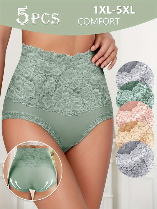 5pcs MEIYATING Women's High-Waisted Lace Trim Underwear - Elegant Floral Pattern, Breathable Nylon Blend, Comfort Fit, Sizes 10XL-5XL, Hand Wash Only