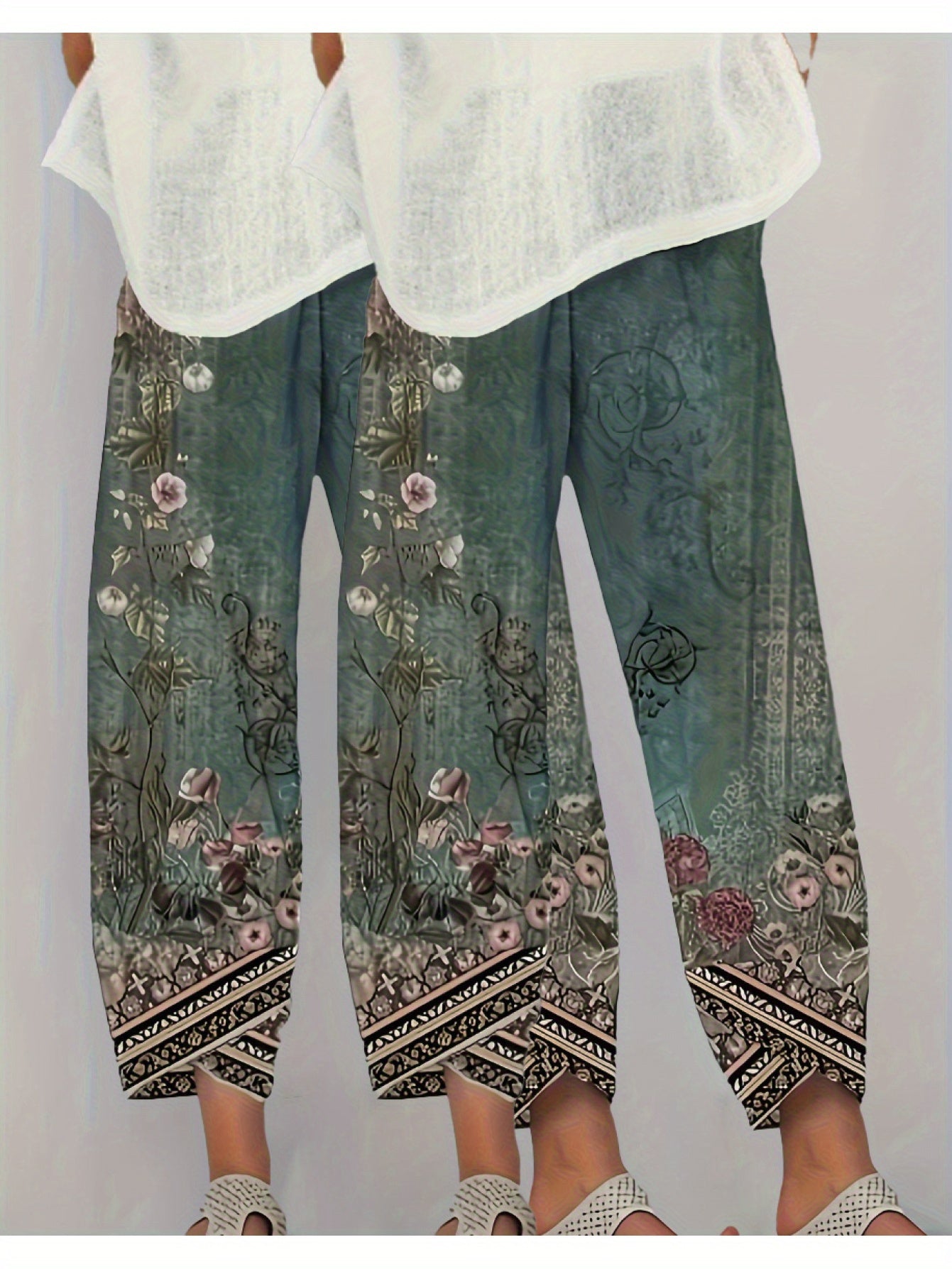 Women's 2pcs Pants Set: Summer Casual Loose Flower Print Cropped Pants with Shorts in Soft Polyester Fabric