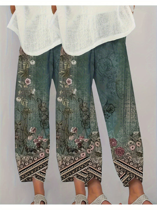 Women's 2pcs Pants Set: Summer Casual Loose Flower Print Cropped Pants with Shorts in Soft Polyester Fabric