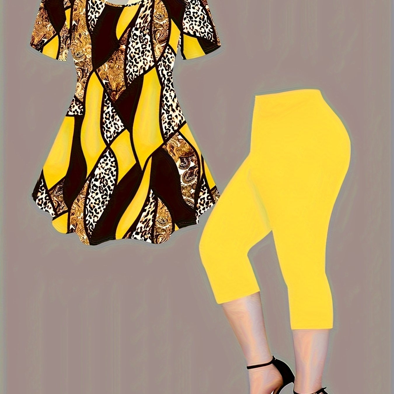 Floral Printed Short-sleeved T-shirt And Women's Seven-eighths Trousers Casual Two-piece Set.